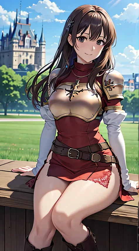 (( table top, best quality,  high resolution on down, ,  pixel perfect, 4k,))), 1 female, 、 (( long wave hair 、bangs, brown hair...