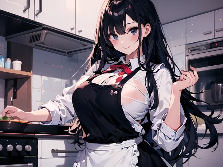 (masterpiece)、(Best Quality)、 highly detailed face,Long Hair,Black Hair,white,Big Breasts, kitchen background,8k,Immorality,Young Girl,Student Uniform,apron, straight hair,Big eyes, cooking 