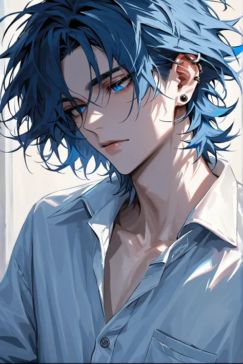 impasto, short hair, masterpiece, best quality, 1 man , blue hair , perfect face , blue eye , handsome male , Alone, pale skin , adult male , upper body , delicate line drawing , Extremely detailed, messy hair, shirt, Ear piercing, Multiple earrings