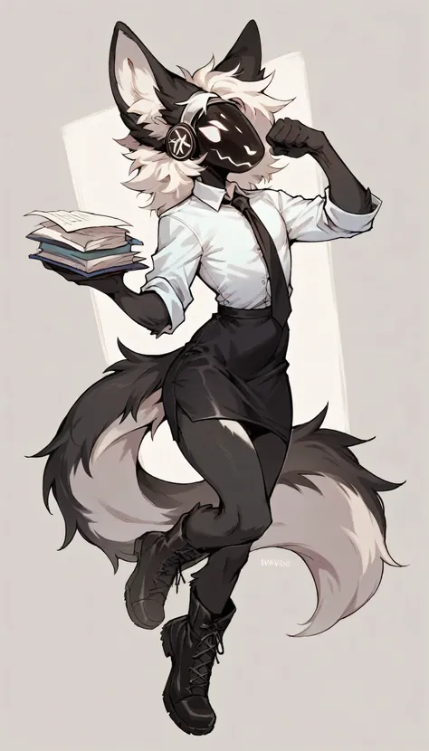 score_9, score_8_up, score_8, (femboy), protogen, (big ears), (white fluff), black fur, black messy hair, white glow, white eyes, Solo, Full Body, office polo, pencil skirt, business tie, boots, office background, sensual pose