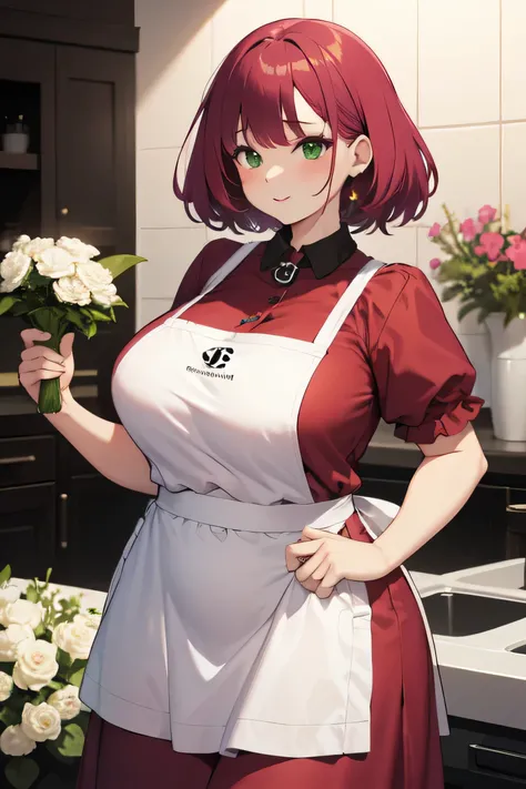 Obese light pink skinned chubby florist woman with magenta Chanel hair wearing a dark green dress with a neckline and a tight apron 