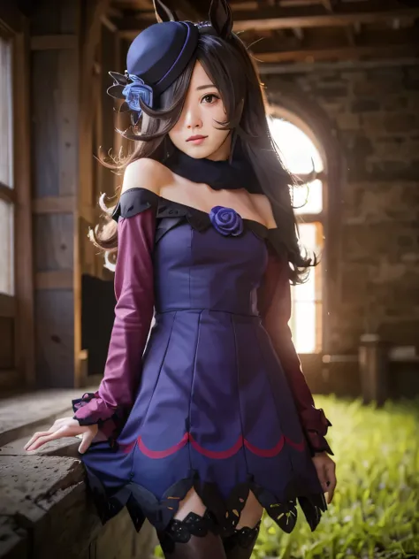 RiceShower,rice shower (umamusume),cosplay,realistic,(masterpiece),cowboy shot,brown dark hair,long hair,purple eyes,swept bangs,long bangs,long hair,small breast,hair covers right eye,small formal hat on right ear,Purple rose on the hat,purple dark dress,...