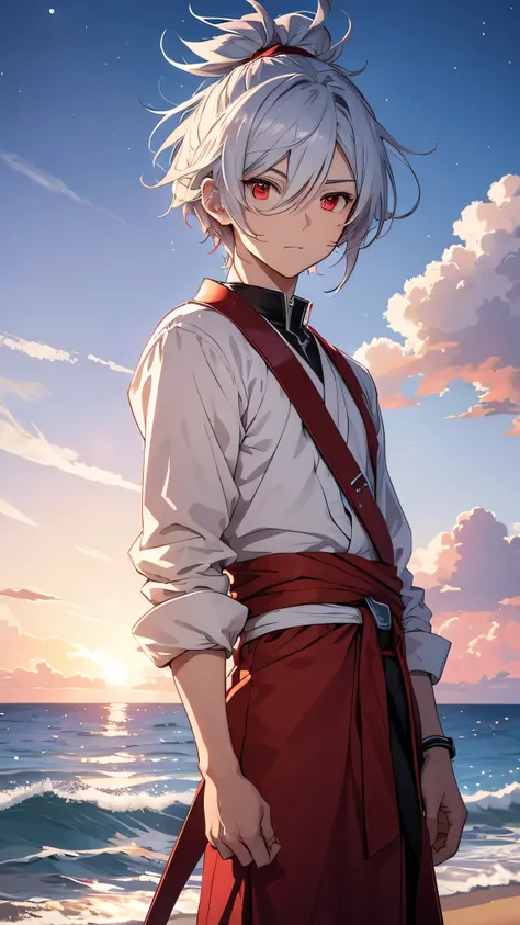 Create an anime-style image of a young male character with silver hair and red eyes, standing on a beach with a vast ocean and a bright blue sky in the background. His hair is slightly messy with a small topknot and red highlights, and he wears a tradition...