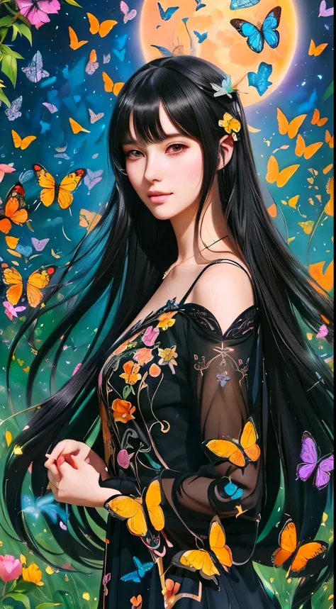 a woman with long black hair standing in a field of butterflies, beautiful anime style, beautiful anime woman, beautiful anime girl, beautiful anime art style, beautiful anime portrait, fantasy art style, beautiful character painting, beautiful anime, beau...