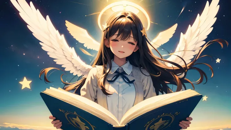 (((Illustration))) Angels are dancing in the sky in a star-filled sky. flying with a big book.