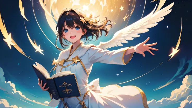 (((Illustration))) An angel is dancing in the sky in a star-filled sky at midnight.
Flying with a big book, smiling.