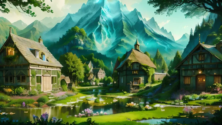 a painting of a small village with a pond and a mountain in the background, fantasy matte painting，cute, whimsical fantasy landscape art, fantasy setting, fantasy overgrown world, fantasy scenic, beautiful render of a fairytale, matte painting in fantasy s...