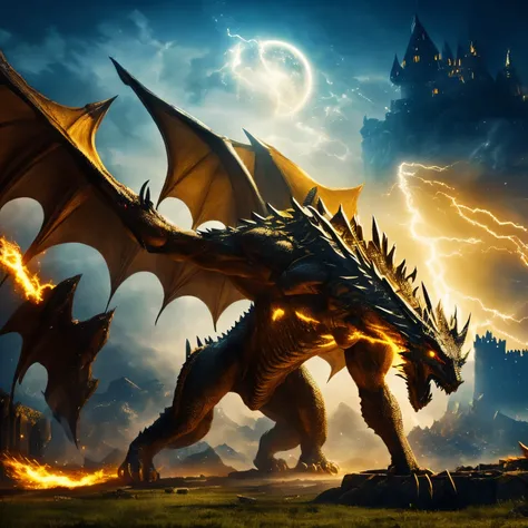  Huge bipedal dragon ，White body， spits out golden thunder with its mouth and destroyed the ground， Destroyed Earth ，Night background，Destroyed Castle 