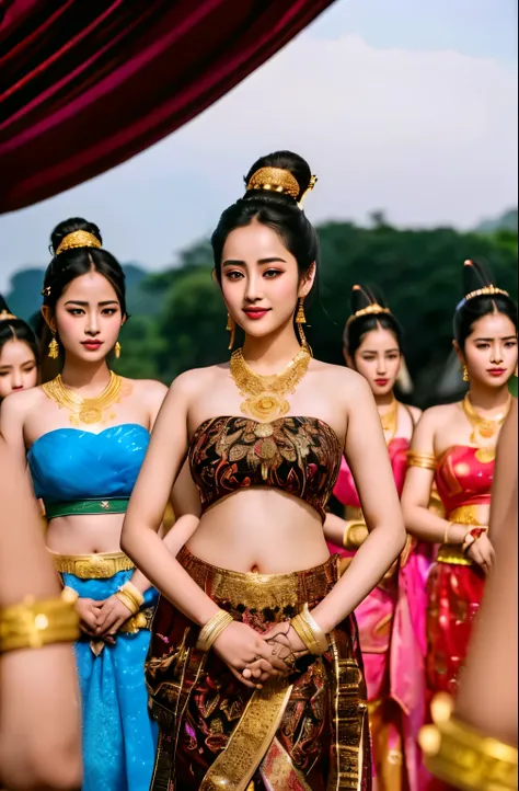 arafed asian women in traditional clothing standing in a line, sukhothai costume, traditional beauty, dilraba dilmurat, nivanh chanthara, anime thai girl, movie promotional image, in style of thawan duchanee, traditional tai costume, promotional movie stil...