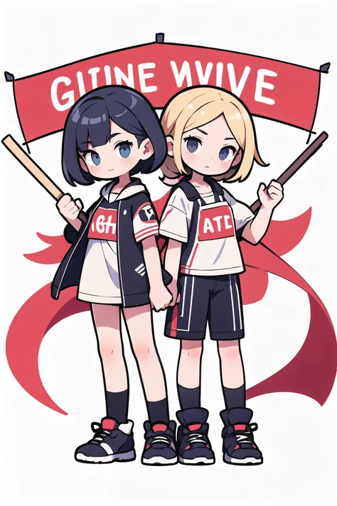 two girls are standing behind a banner and peeking towards the viewer  , they are holding a banner together , there is nothing in the background , the girls look mature