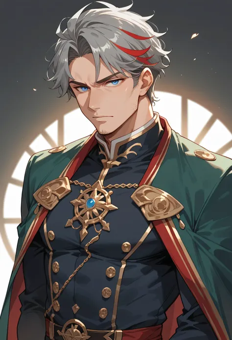 anime style, mature man in his 40s, gray hair, blue eyes, his clothing consists of a royal suit, in dark green with gold and red highlights.