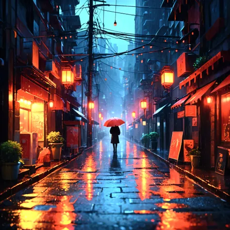 a lonely city at night, glowing with red and black illuminations, rainy atmosphere, empty streets, detailed cityscape, dramatic lighting, cinematic mood, high resolution, masterpiece