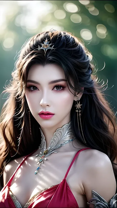 Closeup of a woman in a dress,There are lights all around, fantastic gorgeous lighting , dream, A beautiful fantasy queen, a Beautiful witch, Dreamlike beauty, Beautiful witch, Ethereal Essence, Beautiful Celestial Mage, Star Fairy , Beautiful Fantasy Ar...
