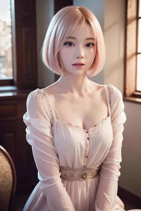 photorealistic medieval woman with a  light pink bob, flat chest, small bust, 8k, medieval palace, a beautiful adult woman with ...