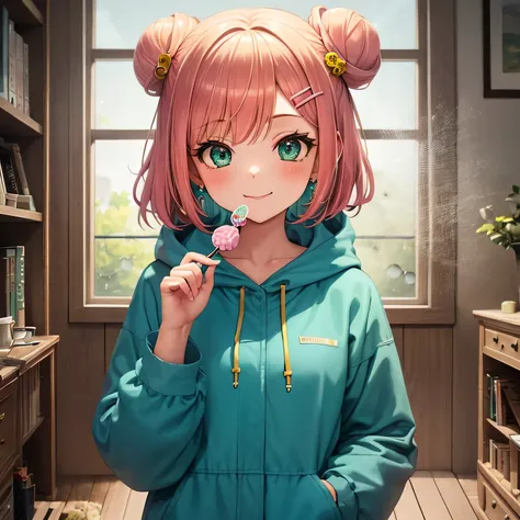 The artwork features a solo girl with playful pink hair styled in double buns, embellished with retro-inspired hair accessories. She wears a soft, vintage-style hooded jacket in muted pastel colors, with the hood down, accentuating her short bangs. Her vib...