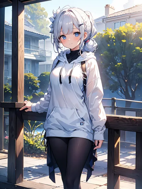 one girl , curly ponytail, smile,  blue eyes , wear a white hoodie, (terrace）, (（morning）), masterpiece, 8k,  full photo, the pe...