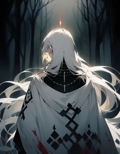 One Person, Half Body, Adult Male, white Hair, very long Hair, Light yellow eyes, rounded glasses, helix earring, silver necklace, white cloak, black shirt, rune motif on Clothes, smile, from back view, Dark forest, Black Aura, god, blood,