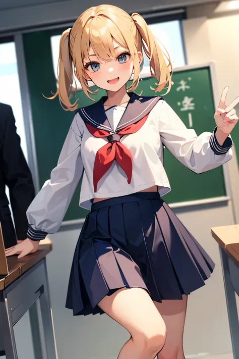 1girl in、A smile、Blonde、Depicting from head to foot、cute、 The body is facing forward、Eyes looking straight ahead、Mouth open、 sailor suit、uniform、School、classroom、Skirt length short、whole body