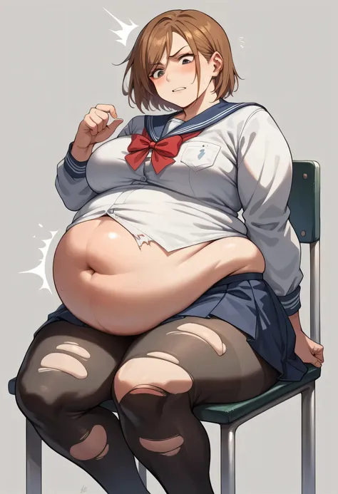 masterpiece,best quality,nsfw,1 girl,short hair,brown hair,shirt,belly exposed,skirt,ripped long black tights,torn tights,short length black school uniform,long sleeve,big belly,bloated belly,round belly,big brests,brests expansion,thunder thighs,thick thighs,big butt,chubby butt,chubby,chubby body,weight gain,sit on a chair,Kugisaki Nobara,