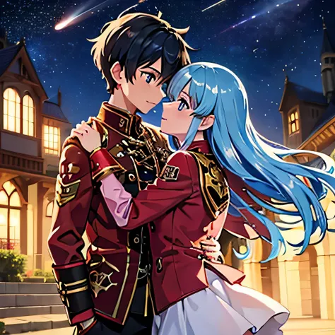 A girl with blue eyes and light blue hair, red blouse with gold plates on her body, pink panties, a gold bracelet and white skirt affectionately kissing a boy with short black hair on the lips, ojos marrones, lentes, red jacket with a night castle behind t...