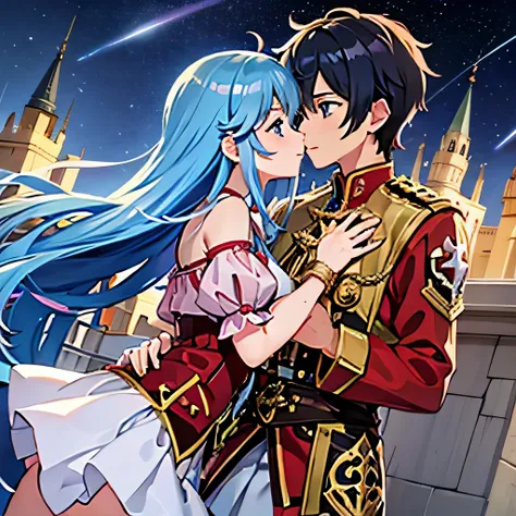 A girl with blue eyes and light blue hair, red blouse with gold plates on her body, pink panties, a gold bracelet and white skirt affectionately kissing a boy with short black hair on the lips, ojos marrones, lentes, red jacket with a night castle behind t...