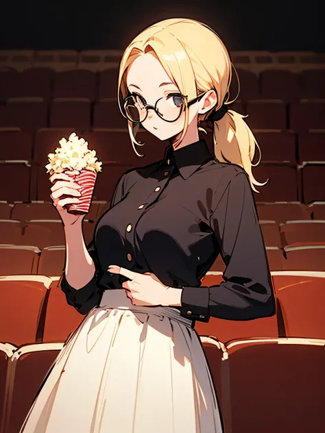 solo, upperbody, blonde low ponytail, big forehead, female teacher, glasses, thin, dress shirt, long skirt, elegant, retro atmosphere, holding popcorn, movie theater, (manga style), (sketch), (illustration),