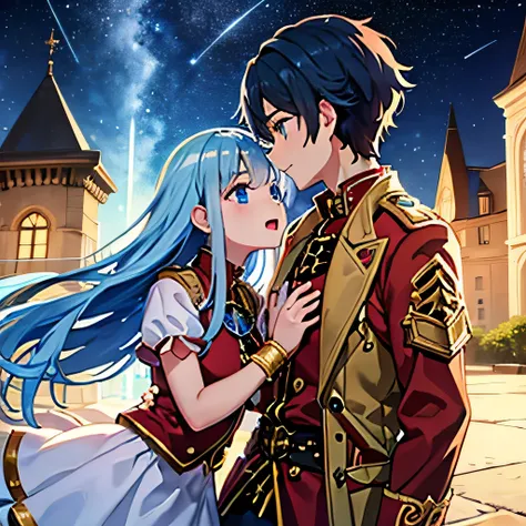 A girl with blue eyes and light blue hair, red blouse with gold plates on her body, pink panties, a gold bracelet and white skirt affectionately kissing a boy with short black hair on the lips, ojos marrones, lentes, red jacket with a night castle behind t...