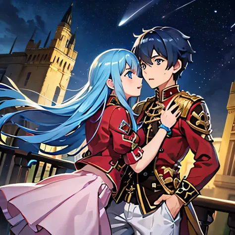 A girl with blue eyes and light blue hair, red blouse with gold plates on her body, pink panties, a gold bracelet and white skirt affectionately kissing a boy with short black hair on the lips, ojos marrones, lentes, red jacket with a night castle behind t...