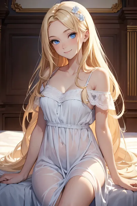 masterpiece, best quality, 1girl, French ethnicity, blue eyes, teenage French spy, blonde, hair, long hair, blonde hair, solo, wearing white nightgown, white nightgown, closed clothing, smile, closed mouth, flowing hair