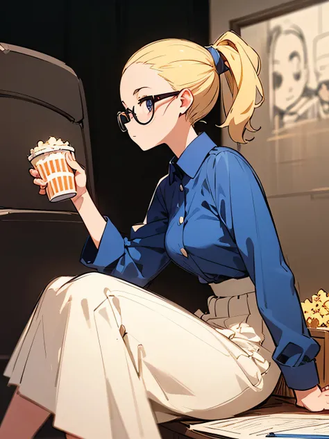 sideview,solo, upperbody,40years old, sitting,watching movies,classy, ​​British,blonde low ponytail, big forehead, female teacher, glasses, thin, dress shirt, long skirt, elegant, retro atmosphere, holding popcorn, movie theater, (manga style), (sketch), (...