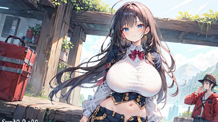 ( high-waisted shorts ),(super huge breasts:3.0, high-waisted shorts ,adventurer&#39;s clothes),