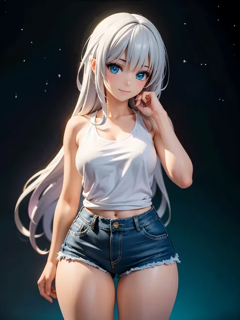 realistic image, coherent image, detailed image, 1 beautiful girl. She has silver hair, long hair. Blue eyes, long eyelashes. Her face is oval and delicate. Smiling. She is wearing a small sleeveless shirt, jean shorts. She has a curvy body, medium breasts...