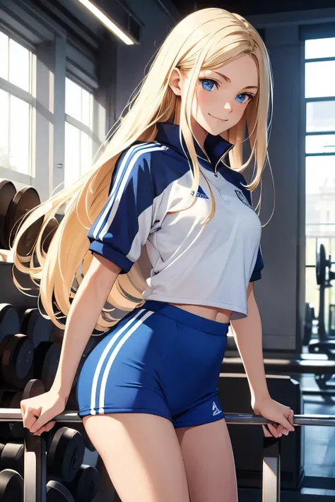 masterpiece, best quality, 1girl, French ethnicity, blue eyes, teenage French spy, blonde, hair, long hair, blonde hair, solo, wearing blue athletic wear, blue athletic wear, closed clothing, smile, closed mouth, flowing hair, gym setting