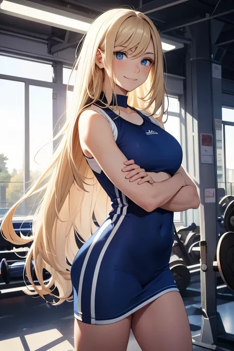 masterpiece, best quality, 1girl, French ethnicity, blue eyes, teenage French spy, blonde, hair, long hair, blonde hair, solo, wearing blue athletic wear, blue athletic wear, closed clothing, smile, closed mouth, flowing hair, gym setting