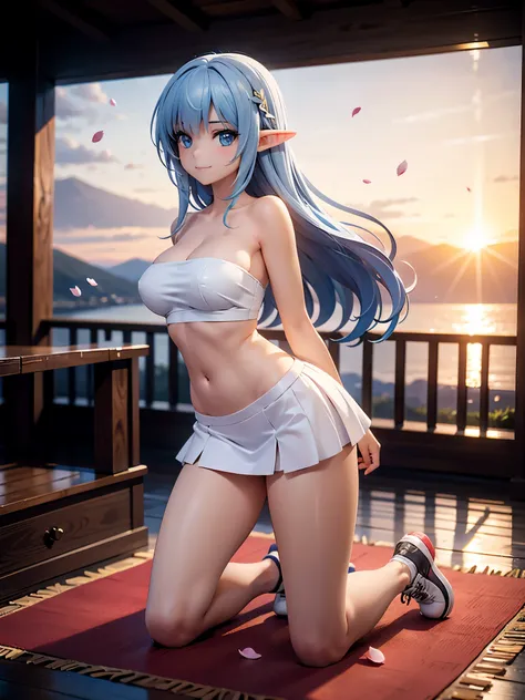 realistic image, detailed image, coherent image, 1 beautiful elf, she has very long hair, light blue hair, blue eyes, smiling expression. She is wearing a strapless top, showing her navel, a thin thong, a pleated miniskirt, sneakers, She has a curvy body, ...