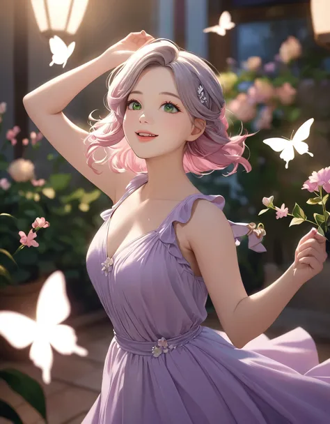 (Highest quality:1.2), Beautiful, Cute detail, Realism, 4K, , facial detailing, large green eyes, Plump lips, Upturned nose, Gray hair on pink hair, Wearing a Purple dress, flower  in his hands,, The girl is Dancing 🎶 ((happy)), Flowers in the background, ...