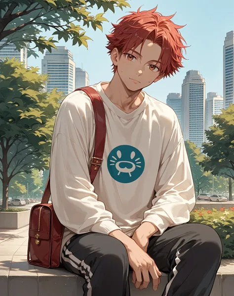 score_9, score_8_up, score_7_up, source_anime {{cowboy shot, source_anime, outdoors, city, park, looking at viewer, solo, sitting on ledge}} male, mikoshiba mikoto, crimson hair, sweatpants, oversized shirt, satchel, head tilt.
