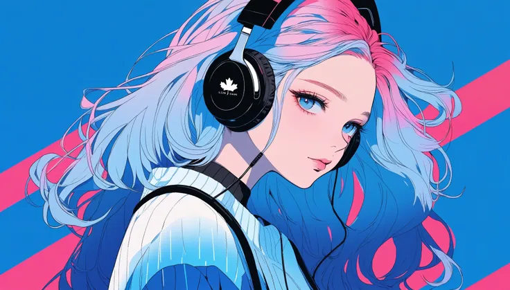 illustrator, anime , realistic ,sketch , 1 girl, ,lip, sweater,order, Blue gradient background, neon hair,Textured trim, Canadian, (masterpiece,Best quality) ganyou, wearing headphone,