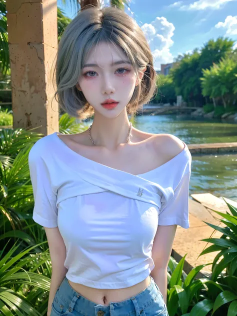  BEAUTIFULT WOMEN WITH PERFECT BODY：1.4，layered hairstyle，Highlight the chest，Short sleeve：1.5，Ultra short pleated skirt ，whole body， highly detailed facial and skin texture，Double eyelids，Skin Whitening， long gray hair 