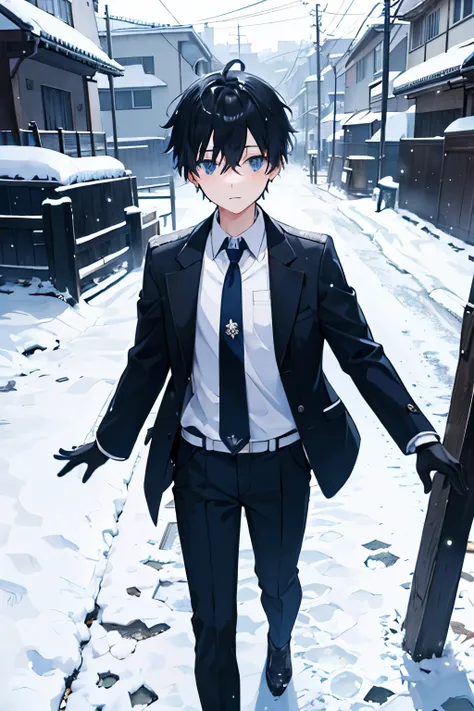  School route　Flickering snow　Uniforms and coats 　maleの子　pants　male　tie　 short hair　Black Hair　gloves　 watching the snow 　Road After Rain 