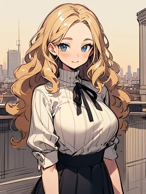 solo, upperbody, big forehead, blonde hard wavy hair, British lady jumper skirt, high neck ribbon blouse, retro London fashion, British cityscape, (manga style), (sketch), (illustration)