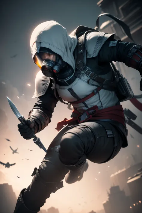  a male assassins creed killer Ezio Auditor, in a spacesuit, mask with respirators , holding a knife,  flying in zero gravity with thrusters in his boots ,  near a futuristic city ,  black and gray color scheme ,  photorealistic , 8k, ultradetailed,  drama...