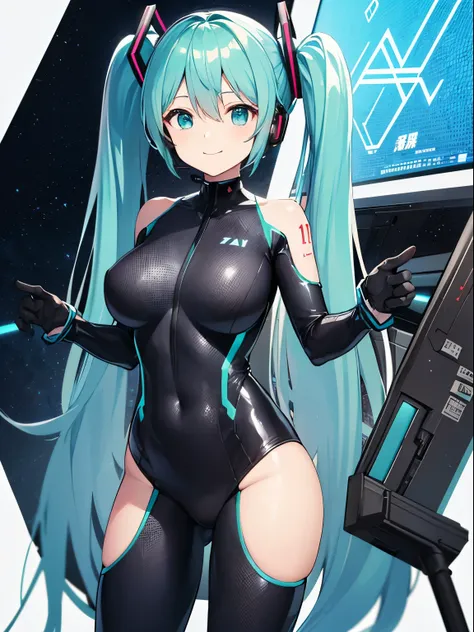 Best Quality, high resolution on down, sugar angle ,  Hatsune Miku, (hatune friend), ((1 female)),Very cute, hair between eyes , headgear , interface headset,turquoise hair,(Very long twin tails),(((The background is inside a spaceship filled with large mo...