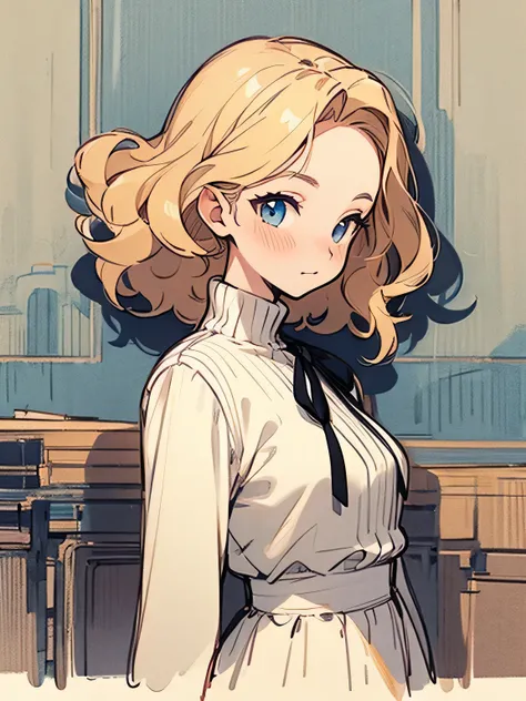 sideview,solo, upperbody, big forehead, blonde hard wavy hair, British lady jumper skirt, high neck ribbon blouse, retro London fashion, British cityscape, (manga style), (sketch), (illustration)