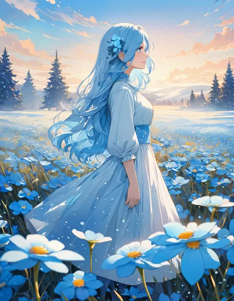 (absurdres, highres, ultra detailed, UHD, cinematic), solo, 1girl, mature, happy, girl standing in light blue flower field, light blue flower petal surrounding girl, full body, blue long hair girl, light blue hair, fantasy, dreamy, snowy, official art, pop...