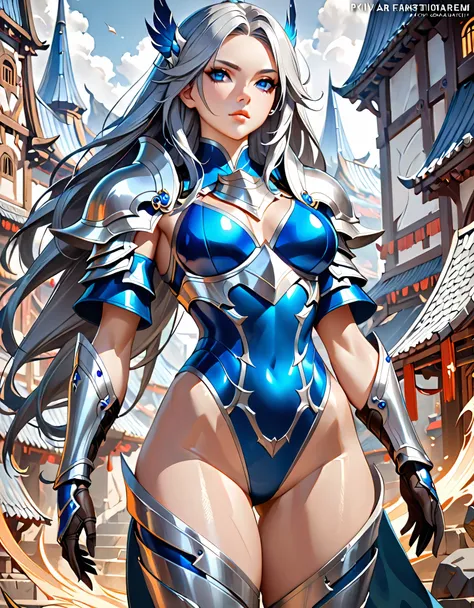 a close up of a woman in a silver and blue leotard, bare legs, chengwei pan on artstation, by yang j, detailed fantasy art, stun...