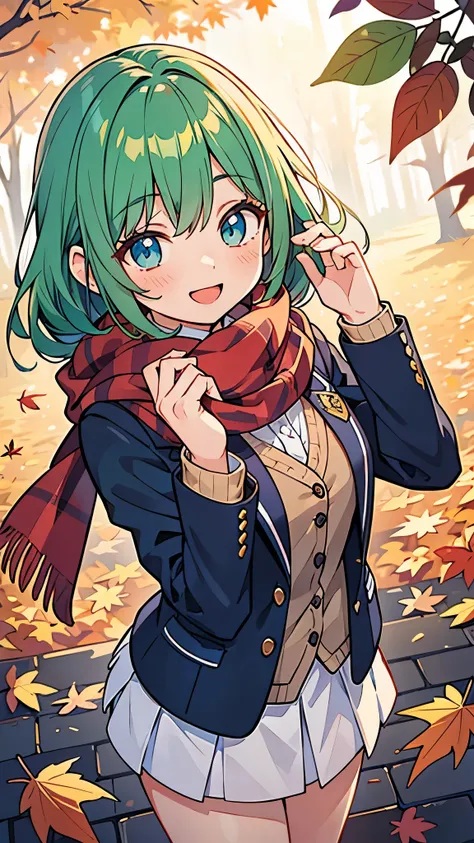 ((A Pretty High school girl wearing the blazer uniform)), ((A woolen scarf around her neck)), Baby face, ((top-quality, master piece, ultra-definition, high resolution)), anime girl, ((ultra-detailed illust:1.2)), 1 girl, bangs, hair between eye, green hai...