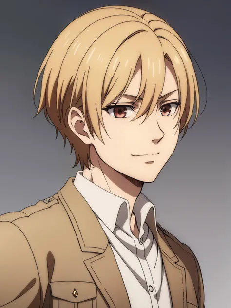 (high-quality, breathtaking),(expressive eyes, perfect face) 1boy, male, solo, portrait, narrow eyes, kind face, neutral expression, cute smile, aot style, portrait, stylized hairstyle, Symmetrical Eyes, bright soft blonde hair, red eyes, teenager, grey ba...