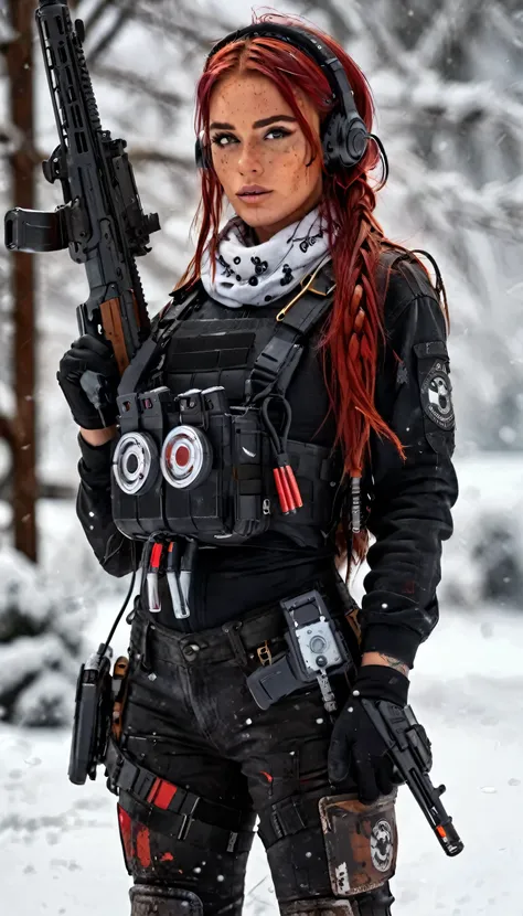 Full body from head to toe, post-apocalyptic, high resolution, 1 woman, Solo, (Detailed face), Tattoo on the face with the text "Athena", Red hair, Long hair closed in back , military Nurse outfit, red black clothe, Snow background, Girl aiming assault ri...