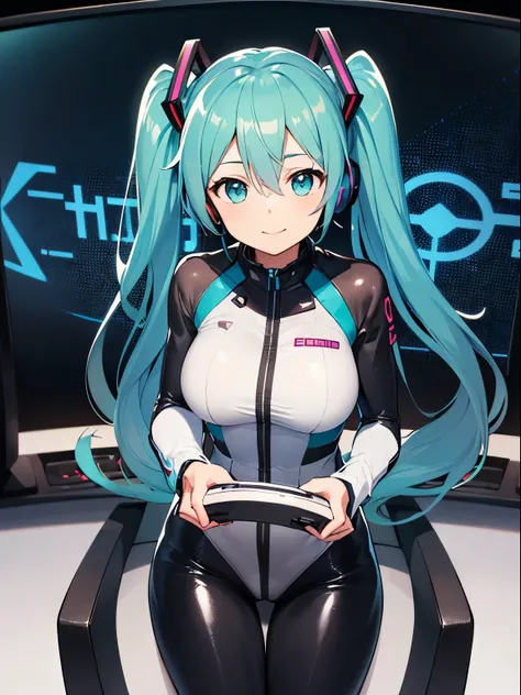 Best Quality, high resolution on down, sugar angle ,  Hatsune Miku, (hatune friend), (((1 female))),Very cute, hair between eyes , headgear , interface headset,turquoise hair,(Very long twin tails),((( The background is Evas cockpit filled with a large mon...